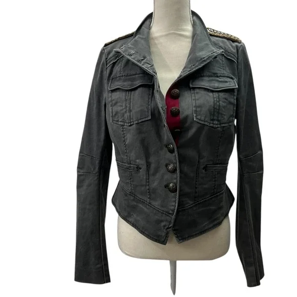 Free People Military Band Jacket Gray Cropped Blazer Epaulettes & Brass Buttons - Picture 2 of 12